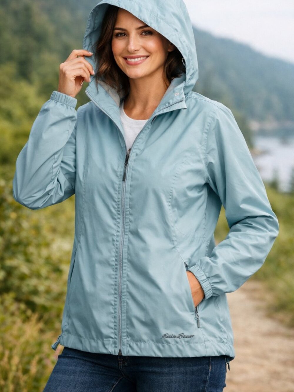 Eddie Bauer Women’s XS WeatherEdge Light Blue Hooded Rain Jacket Waterproof